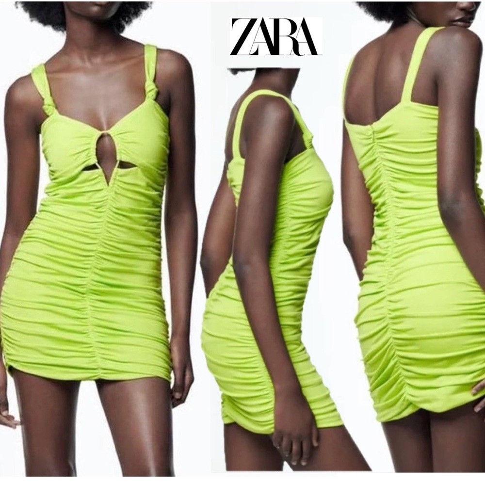 Zara lime green ruched draped sleeveless cut-out bodycon mini dress thick straps